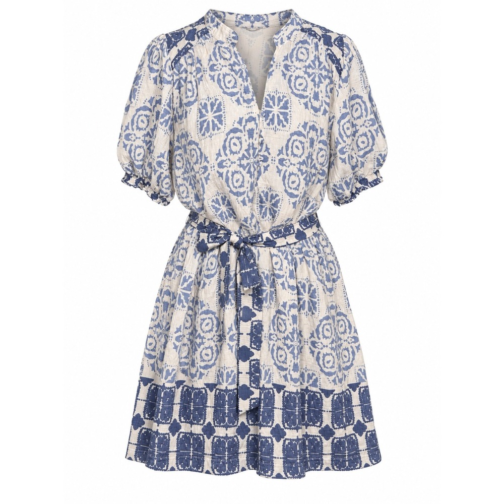 Boutique Dress M Blue White Tile Print Mediterranean Resort Puff Sleeve Belted